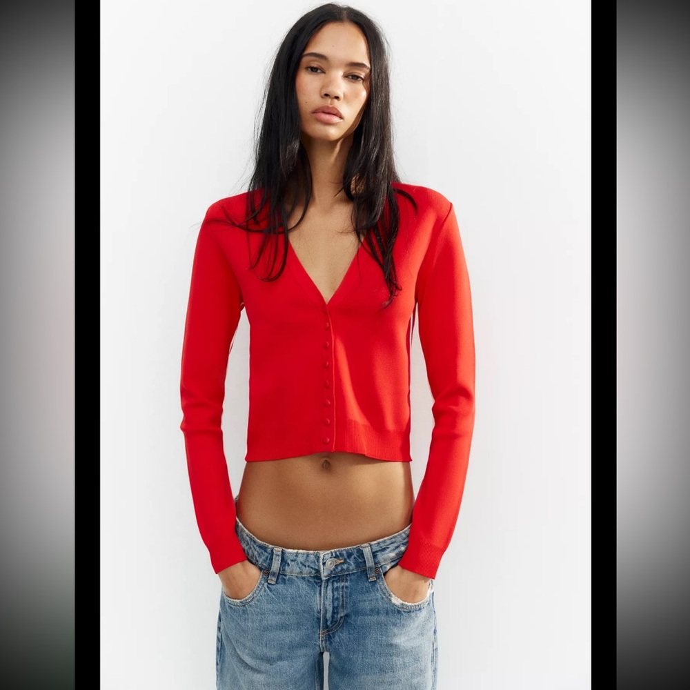 🤎 ZARA Red V-neck Cardigan Bandage Knit Sweater with White Side Stripe